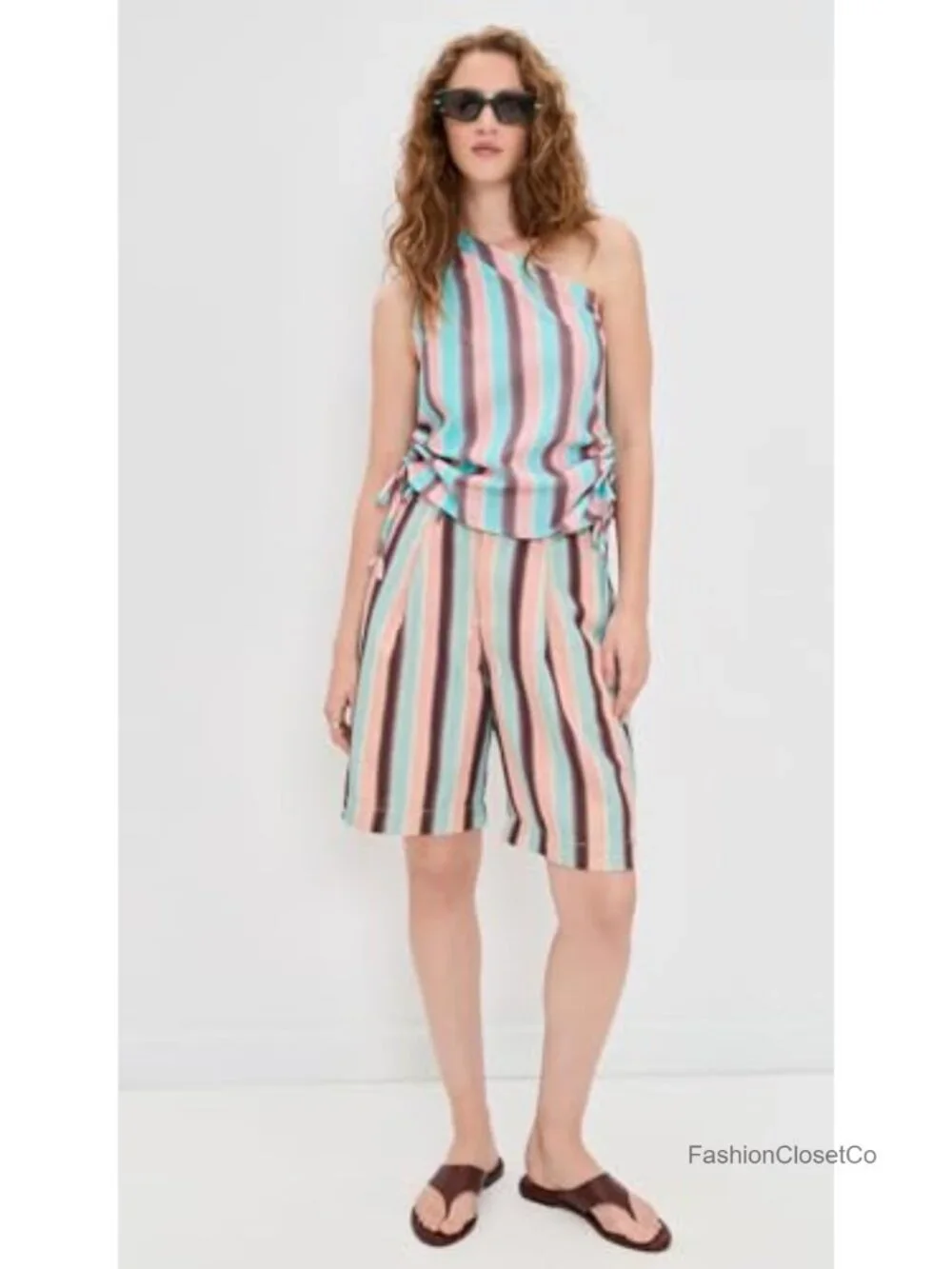Women's Bermuda Shorts High Rise Cotton Pleated Strap Detail